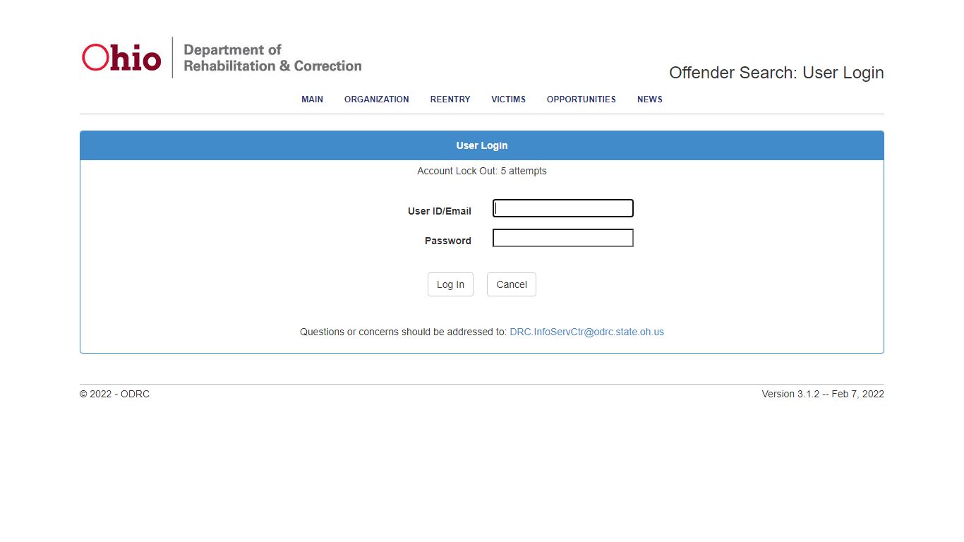 Offender Search: User Login - Ohio